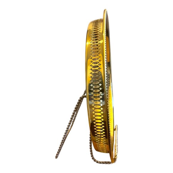 Vintage Ornate Gold-Plated Brass Round Tray 13" Serving Platter W Filigree Sides - Picture 7 of 8